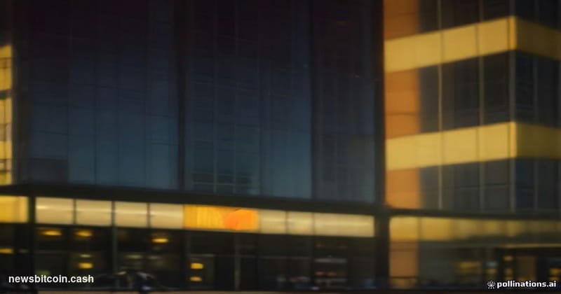 A cinematic photorealistic editorial photograph of Mastercard's corporate headquarters exterior at dusk, the iconic red and y