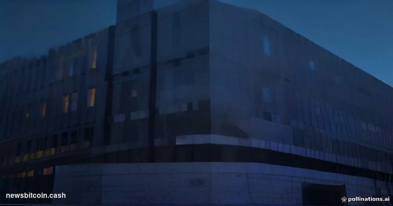 Cinematic photorealistic editorial photograph of a grand European-style banking headquarters at dusk, with sleek modern digit