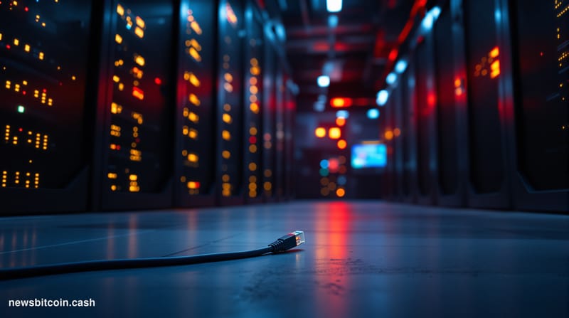 A cinematic photorealistic editorial photograph set inside a dimly lit server infrastructure facility, shot from a low angle 