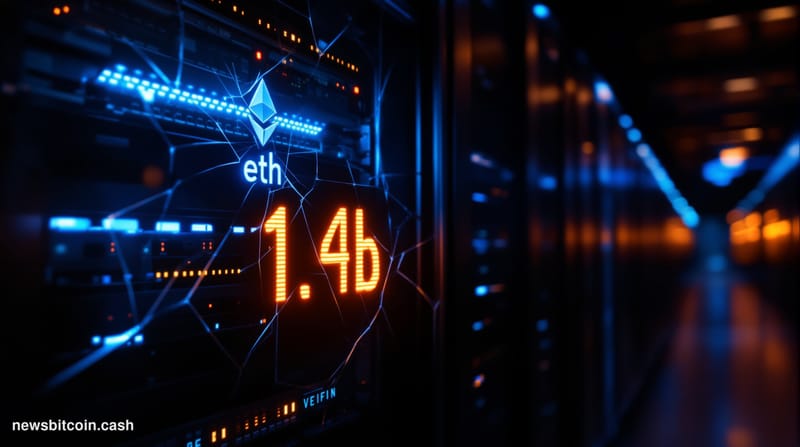 A cinematic photorealistic editorial photograph of a fractured Ethereum validator node server rack inside a darkened data cen