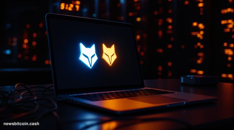 Cinematic photorealistic editorial photograph of a glowing MetaMask fox logo displayed on a dark laptop screen, placed on a s