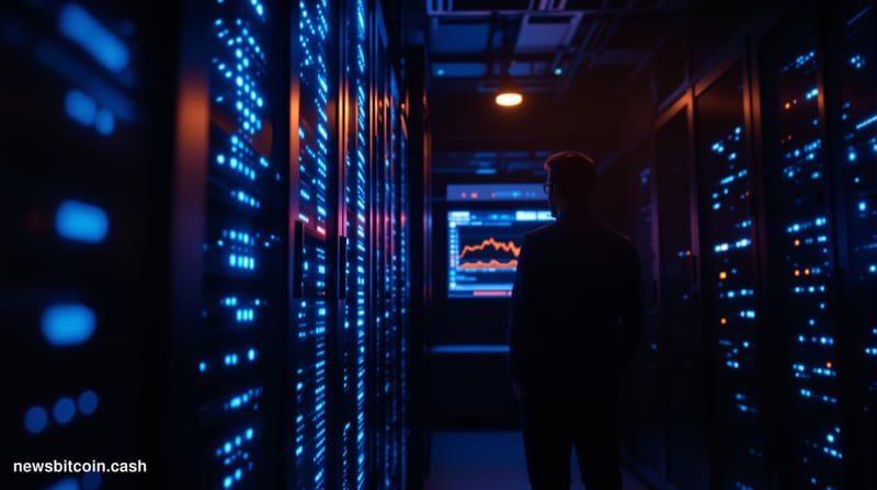 Cinematic photorealistic editorial photograph of a dramatic low-angle shot of a sleek, dimly lit server infrastructure room w