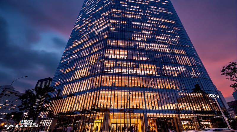 Cinematic photorealistic editorial photograph of a sleek Tokyo corporate tower at dusk, glass facade reflecting an amber and 