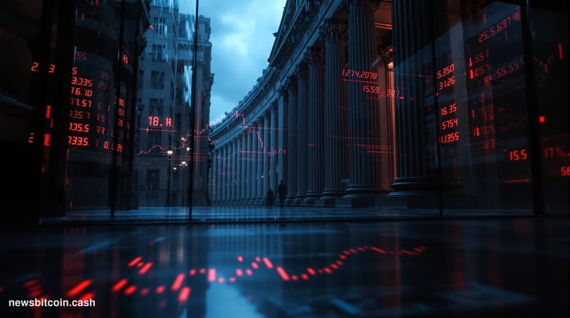 Cinematic photorealistic editorial photograph of a dimly lit Wall Street trading floor viewed through a rain-streaked glass w