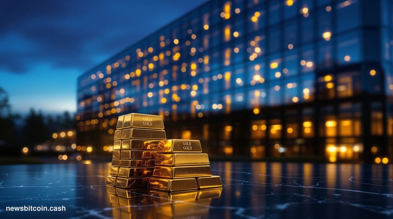 Cinematic photorealistic editorial photograph of MicroStrategy's Tysons Corner, Virginia corporate headquarters exterior at d