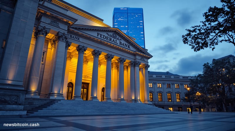 Cinematic photorealistic editorial photograph of a grand neoclassical federal bank building facade at dusk, with warm amber l