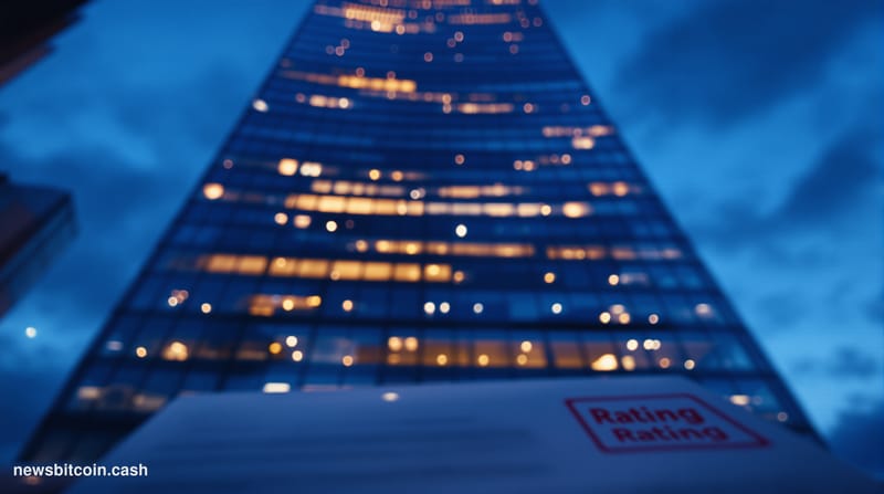 Cinematic photorealistic editorial photograph of a towering glass-and-steel financial district building at dusk, seen from a 