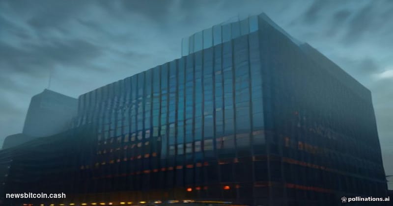 Cinematic photorealistic editorial photograph of a towering glass-and-steel financial index data center or exchange building 