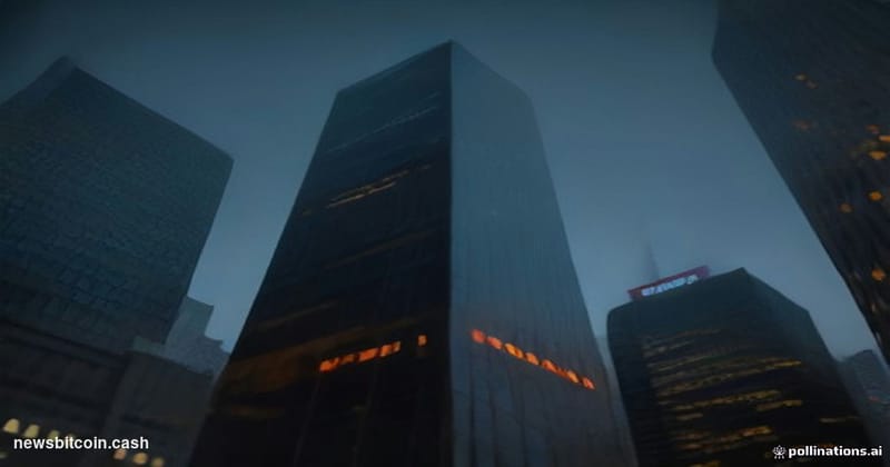 Cinematic photorealistic editorial photograph of a sleek glass-and-steel financial district office tower bearing the MSCI log