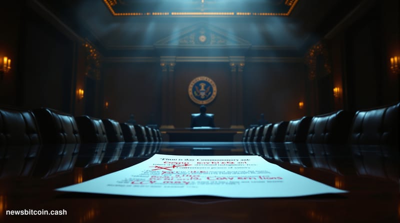 A cinematic photorealistic editorial photograph set inside a dimly lit, high-ceilinged government hearing chamber, shot from 