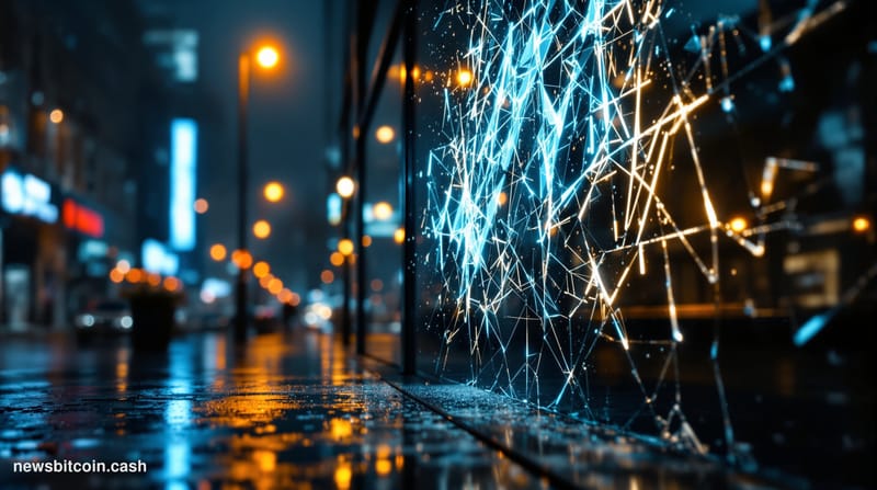 Cinematic photorealistic editorial photograph of a dark, rain-slicked urban street at night with a shattered digital display 