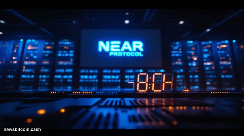 Cinematic photorealistic editorial photograph of a dimly lit server room with glowing NEAR Protocol branding on a large displ