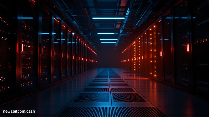 A cinematic photorealistic editorial photograph of a desolate, dimly lit server room corridor with emergency red warning ligh