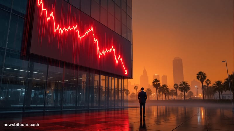 A cinematic photorealistic editorial photograph of a large outdoor LED display or trading board showing a sharply descending 