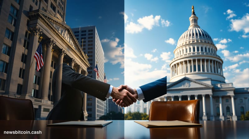 A cinematic photorealistic editorial photograph depicting two imposing government buildings side by side — on the left, a sec