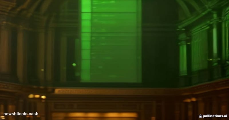 A cinematic photorealistic editorial photograph set inside a traditional stock exchange trading floor, likely modeled on the 