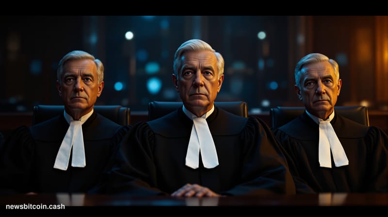 A dramatic photorealistic editorial photograph set inside a grand federal appellate courthouse interior, likely the Ninth Cir