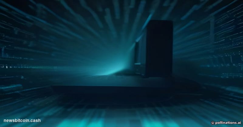 Cinematic photorealistic editorial photograph, dramatic low-angle shot of a dark server room bathed in cold blue and green ne