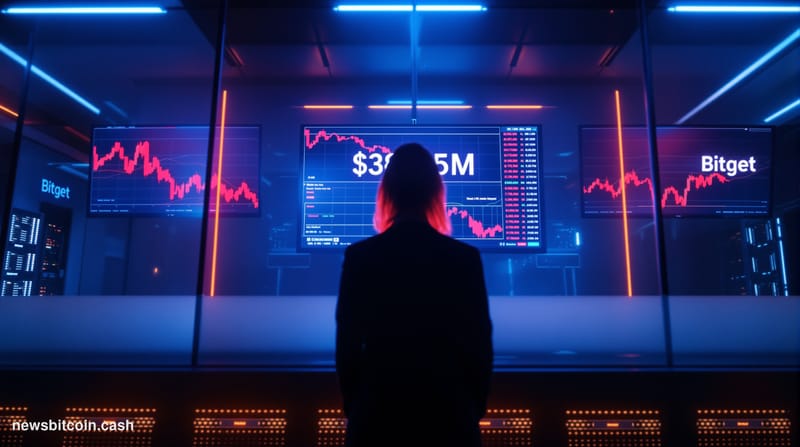 Cinematic photorealistic editorial photograph of a sleek cryptocurrency exchange trading floor at night, bathed in cold blue 