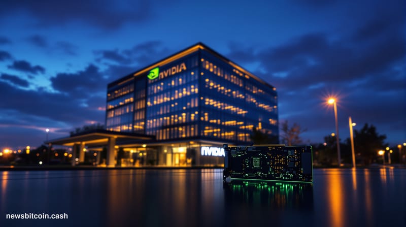 Cinematic photorealistic editorial photograph of Nvidia's Santa Clara, California corporate headquarters campus at dusk, shot