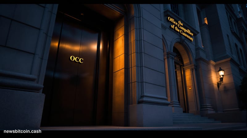 Cinematic photorealistic editorial photograph of the Office of the Comptroller of the Currency headquarters building in Washi
