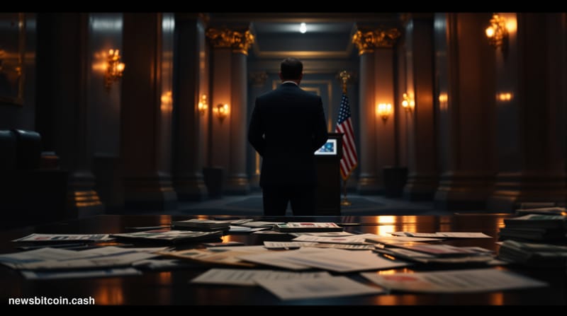 Cinematic photorealistic editorial photograph of a tense federal law enforcement setting: a dimly lit US Treasury Department 