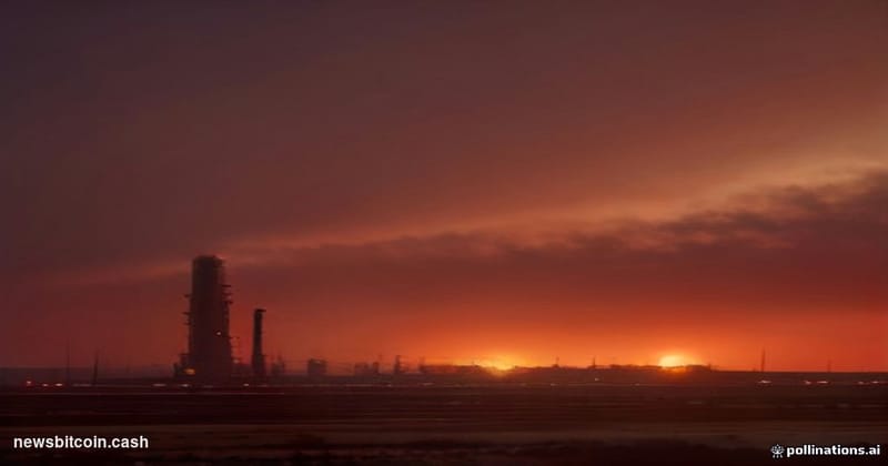 Cinematic photorealistic editorial photograph of a massive oil refinery complex at dusk, shot from a low wide angle with dram