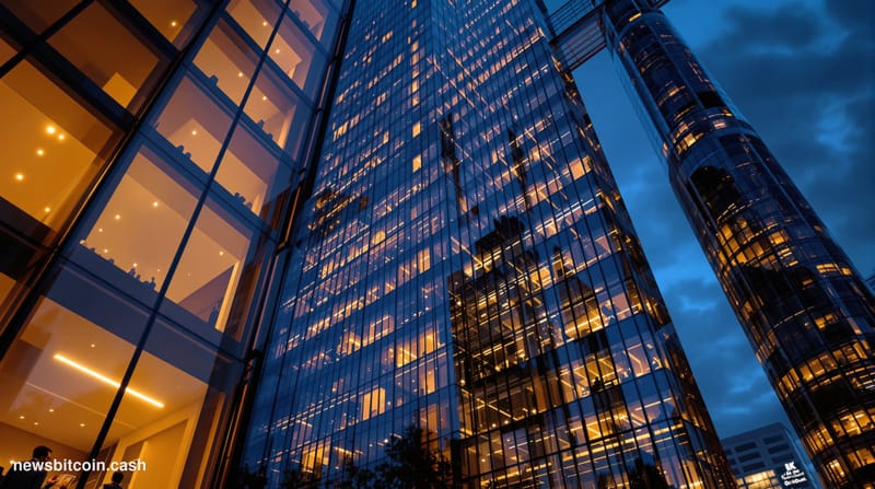 Cinematic photorealistic editorial photograph of a dramatic glass-and-steel financial tower at dusk, shot from a low angle lo