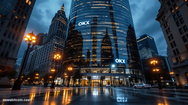 Cinematic photorealistic editorial photograph of a sleek modern financial district at dusk, featuring a towering glass corpor