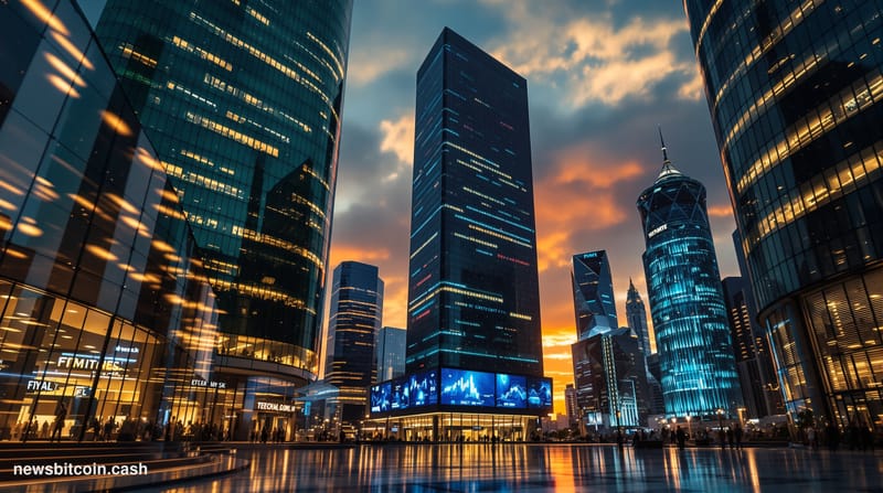 Cinematic photorealistic editorial photograph of a modern financial district at dusk, shot from a low angle looking up at two