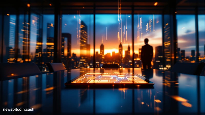 Cinematic photorealistic editorial photograph of a sleek, glass-walled financial technology office interior at dusk, bathed i