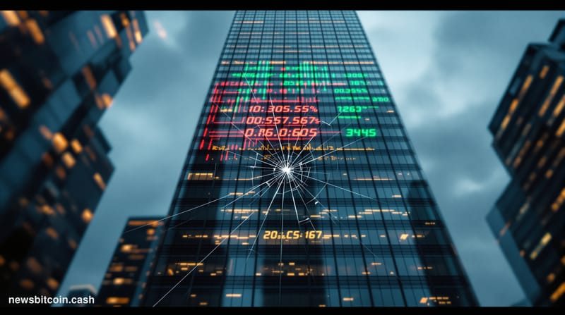 A cinematic photorealistic editorial photograph shot from a low angle looking up at the glass-and-steel facade of a major fin