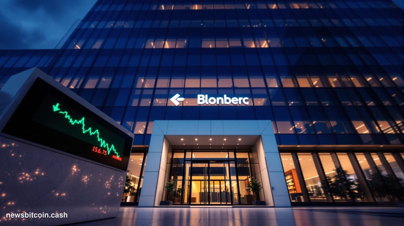 A cinematic photorealistic editorial photograph of a sleek modern tech company headquarters exterior at dusk, shot from a low