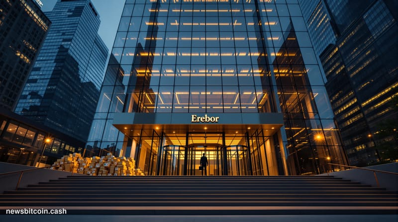Cinematic photorealistic editorial photograph of a sleek modern bank headquarters at dusk in a dense urban financial district