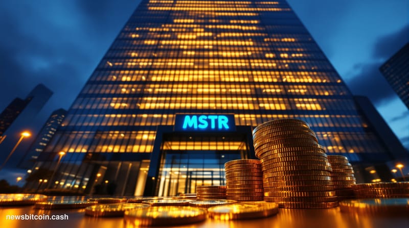 A cinematic photorealistic editorial photograph shot from a low angle looking up at a glass-and-steel corporate tower at twil