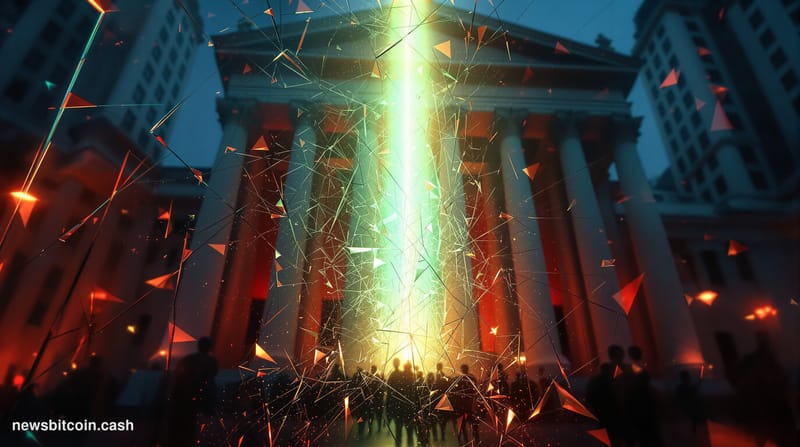 Cinematic photorealistic editorial photograph of the New York Stock Exchange's iconic neoclassical facade on Wall Street at d