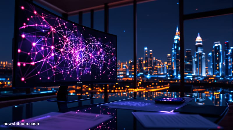 Cinematic photorealistic editorial photograph of a sleek fintech operations center at night, with large curved monitors displ