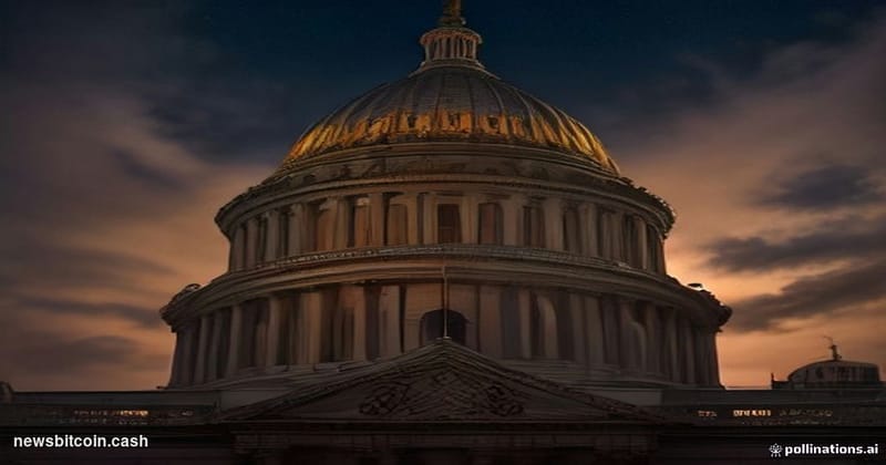 Cinematic photorealistic editorial photograph, shot from a low angle looking up at the U.S. Capitol building dome at dusk, it