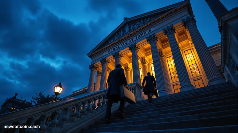 Cinematic photorealistic editorial photograph of the exterior of a federal courthouse in lower Manhattan, shot at dusk from a