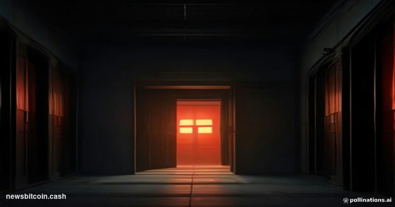 Cinematic photorealistic editorial photograph of a digital vault door cracked open in a darkened server room, with amber emer