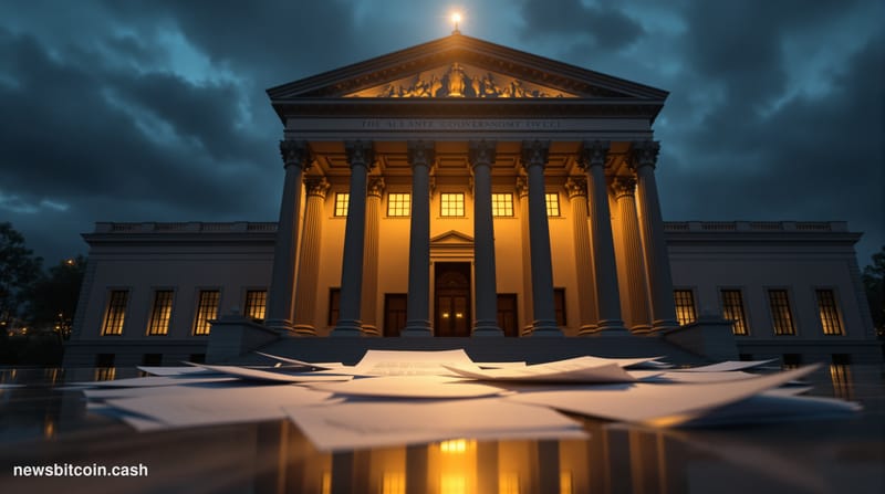 A cinematic photorealistic editorial photograph of the grand neoclassical facade of the Office of the Comptroller of the Curr