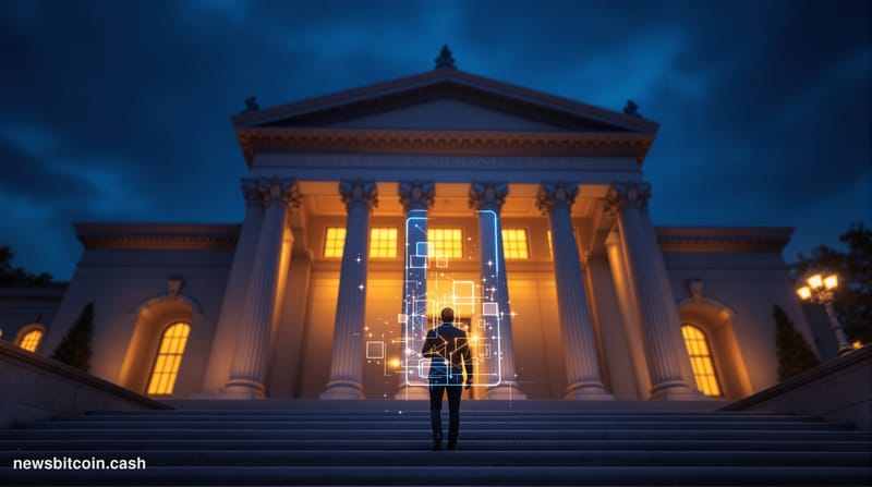 A cinematic photorealistic editorial photograph of a neoclassical American bank building facade at dusk, with warm amber ligh