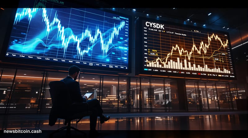 Cinematic photorealistic editorial photograph of a large financial trading floor viewed from a low angle, with two massive di