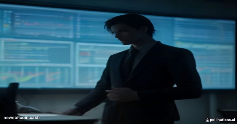 A cinematic photorealistic editorial photograph of a dimly lit financial analysis studio or trading war room, dominated by mu