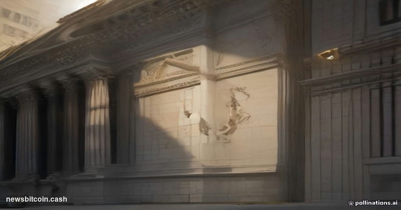 Cinematic photorealistic editorial photograph of the New York Stock Exchange's iconic neoclassical facade on Wall Street, cap