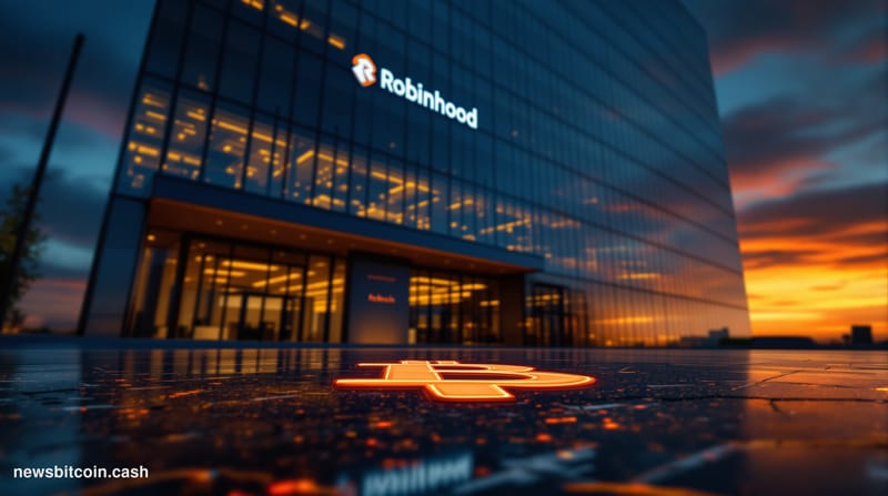 Cinematic photorealistic editorial photograph of Robinhood's corporate headquarters exterior shot from a low angle at dusk, w