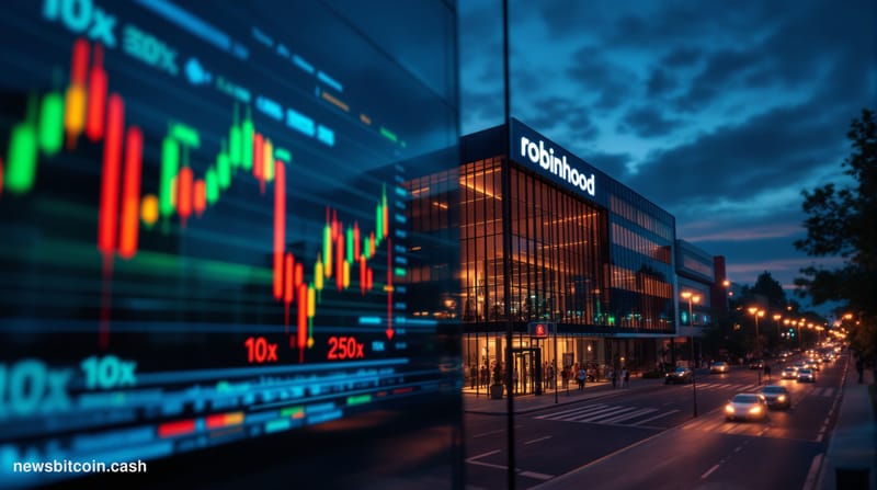 Cinematic photorealistic editorial photograph of Robinhood's corporate office exterior in Menlo Park, California, shot at dus