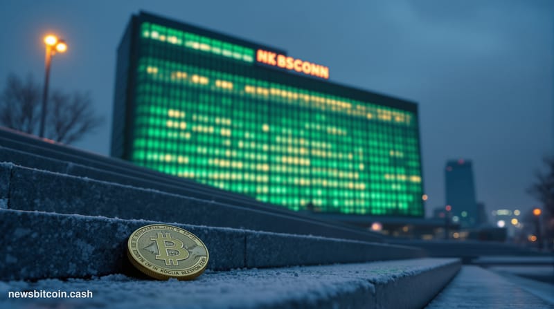 Cinematic photorealistic editorial photograph of Sberbank's iconic green-branded Moscow headquarters at dusk, shot from a low