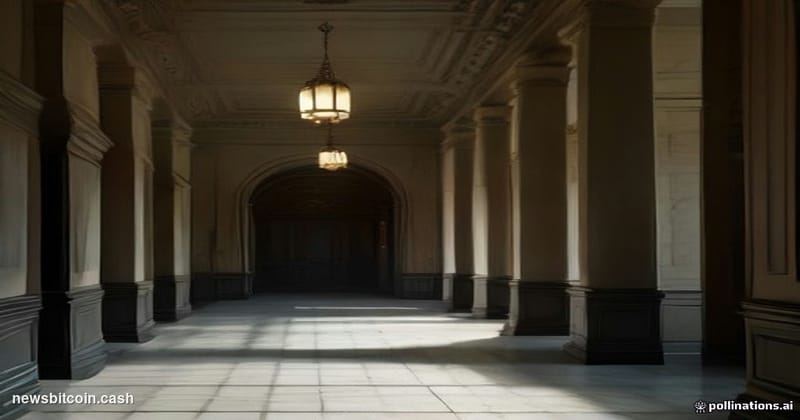 A cinematic photorealistic editorial photograph taken inside a monumental Soviet-era financial institution in Moscow, with he