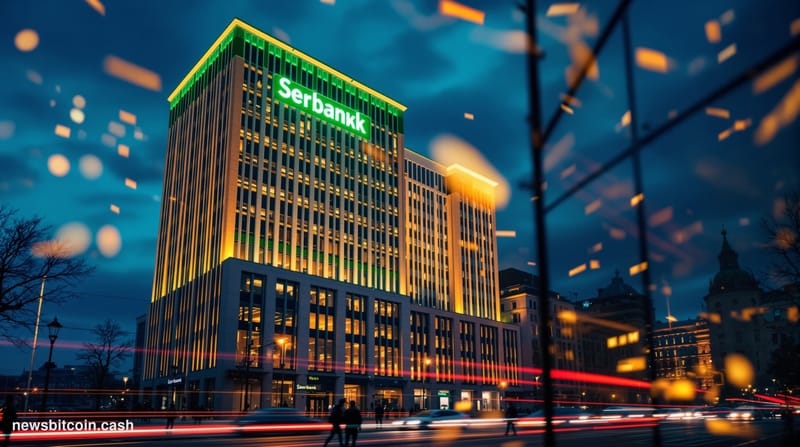 Cinematic photorealistic editorial photograph of Sberbank's iconic Moscow headquarters building — the imposing green-and-whit
